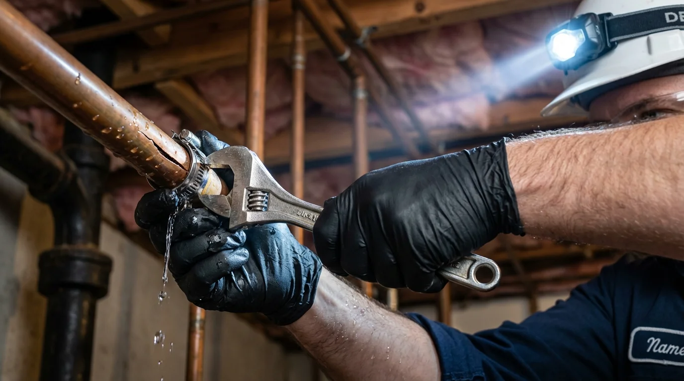 Emergency pipe clamp repair being performed by a Johns Plumbing LLC plumber in Park City