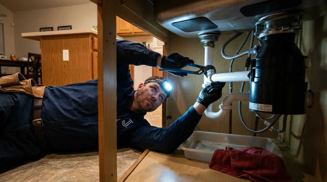 P-trap and supply line connections under a kitchen sink showing a common leak point in Park City, UT
